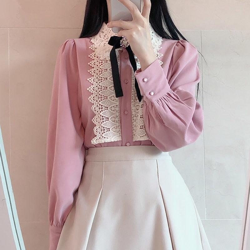 Basic Office Lady Work Cute Vintage Bow Tie White Lace Single Breasted Shirt Blouse-Maas