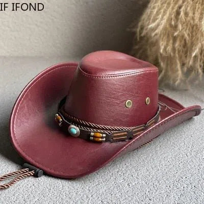 New Faux Leather Western Cowboy Hats For Women Men Vintage Gentleman Dress Hats Panama Cowgirl Jazz Cap Sombrero Hombre-Maas