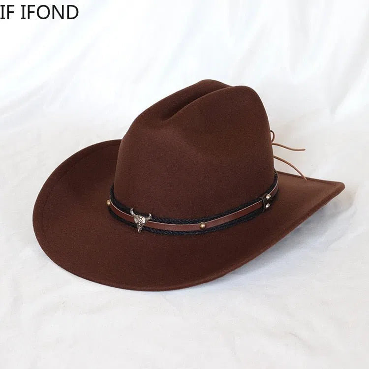 New Vintage Western Cowboy Hat For Men's Gentleman Lady Jazz Cowgirl With Leather Wide Brim Cloche Church Sombrero Hombre Caps-Maas