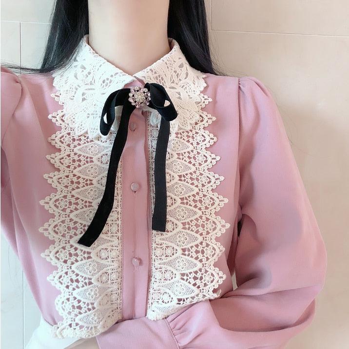 Basic Office Lady Work Cute Vintage Bow Tie White Lace Single Breasted Shirt Blouse-Maas