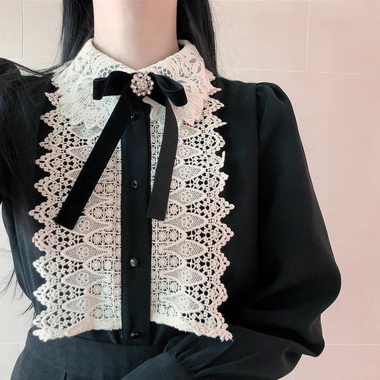 Basic Office Lady Work Cute Vintage Bow Tie White Lace Single Breasted Shirt Blouse-Maas