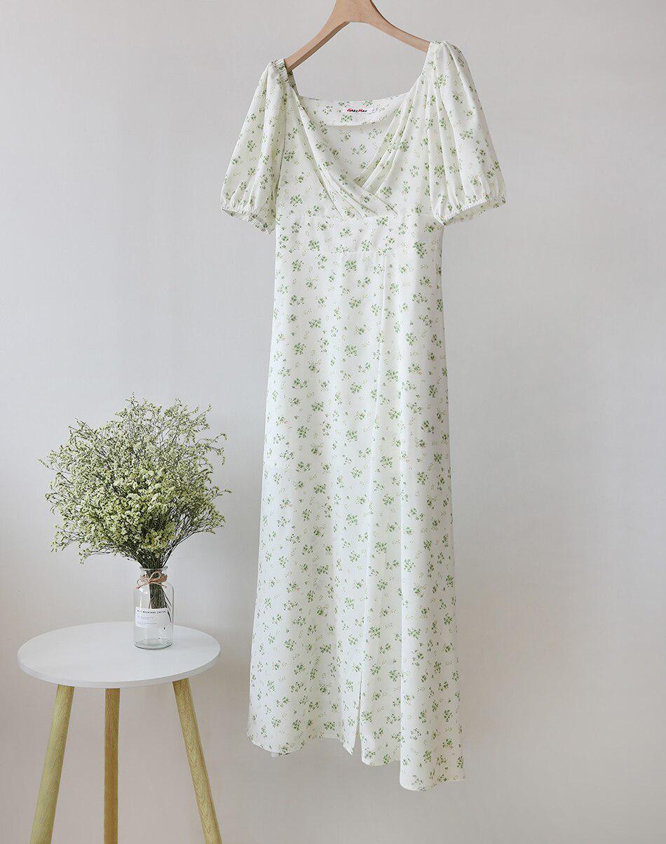 Chiffon Elegant Floral Print Vintage Long Maxi Dress with Side Sexy Slits-Maas