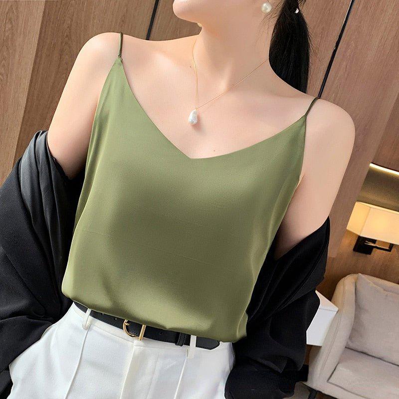 Fashion Silky Camisole Women's With White Bottoming Satin Tanks Camis Tops-Maas