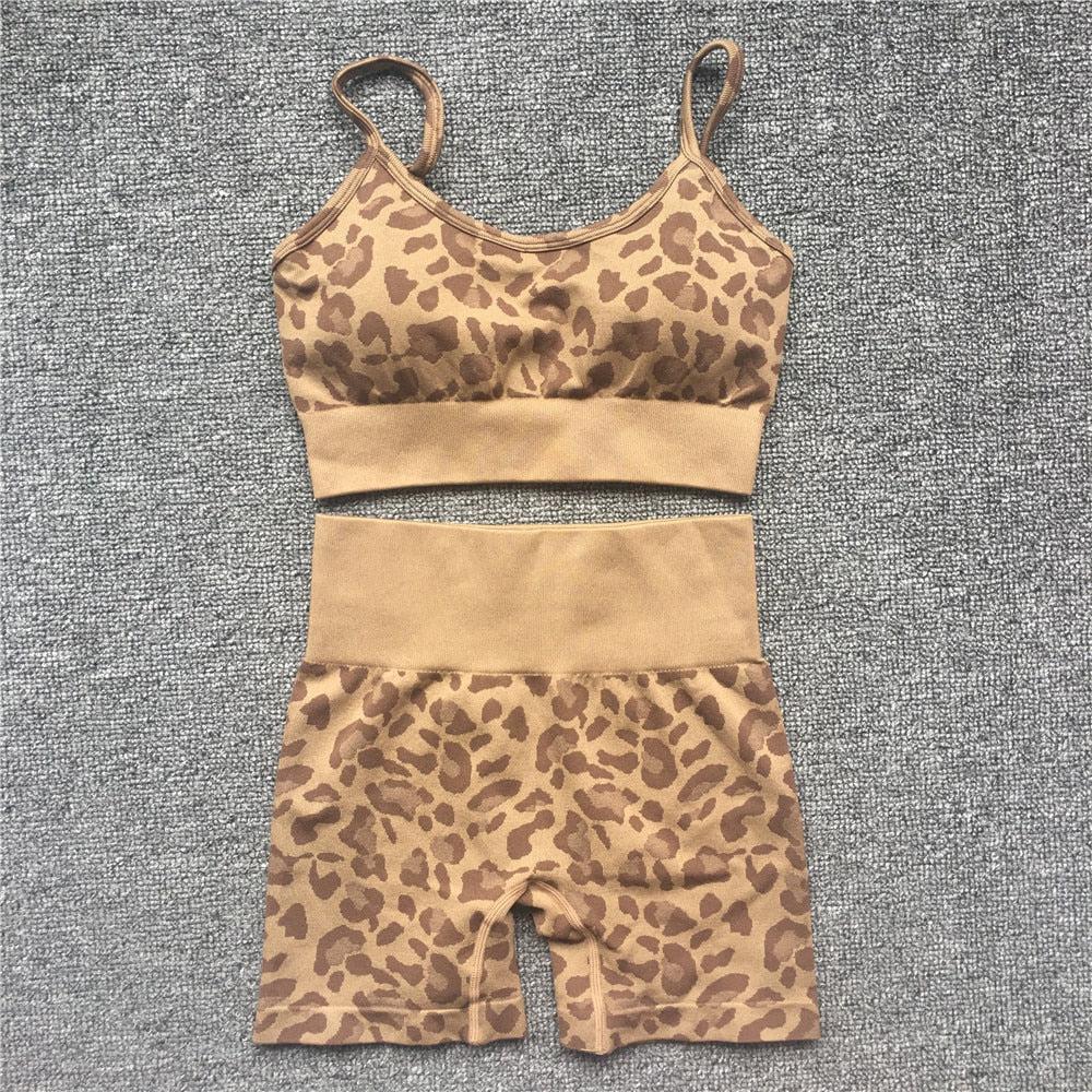 Leopard High Neck Suits Women's Seamless Yoga Set Gym Leggings Workout-Maas