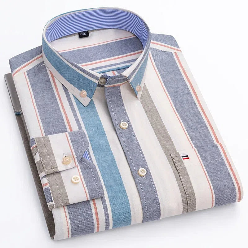 Men's Shirt Long Sleeve Cotton Oxford Soft Buttoned Plaid Formal-Maas