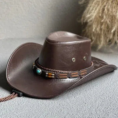 New Faux Leather Western Cowboy Hats For Women Men Vintage Gentleman Dress Hats Panama Cowgirl Jazz Cap Sombrero Hombre-Maas