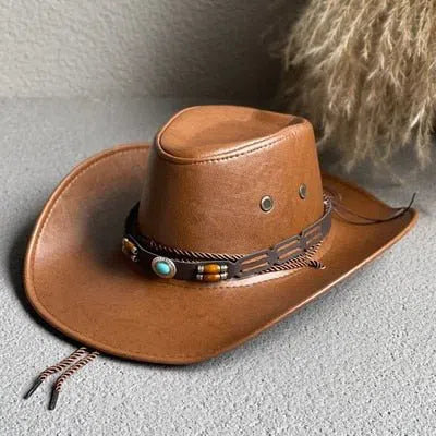 New Faux Leather Western Cowboy Hats For Women Men Vintage Gentleman Dress Hats Panama Cowgirl Jazz Cap Sombrero Hombre-Maas