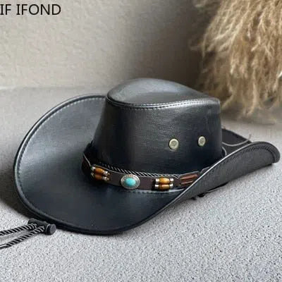 New Faux Leather Western Cowboy Hats For Women Men Vintage Gentleman Dress Hats Panama Cowgirl Jazz Cap Sombrero Hombre-Maas