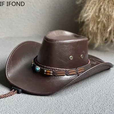 New Faux Leather Western Cowboy Hats For Women Men Vintage Gentleman Dress Hats Panama Cowgirl Jazz Cap Sombrero Hombre-Maas