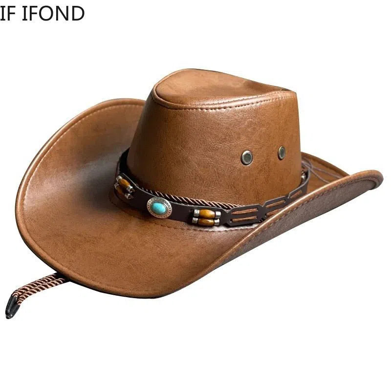 New Faux Leather Western Cowboy Hats For Women Men Vintage Gentleman Dress Hats Panama Cowgirl Jazz Cap Sombrero Hombre-Maas