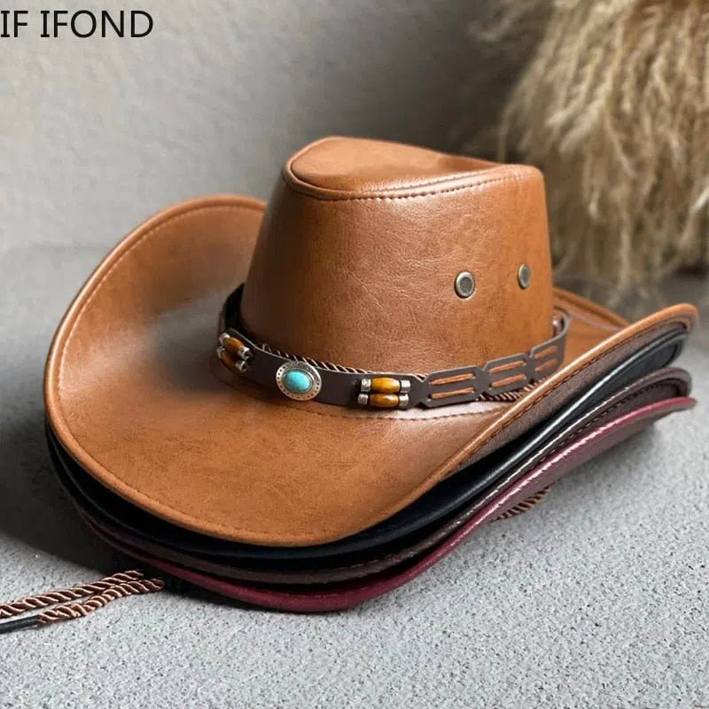 New Faux Leather Western Cowboy Hats For Women Men Vintage Gentleman Dress Hats Panama Cowgirl Jazz Cap Sombrero Hombre-Maas