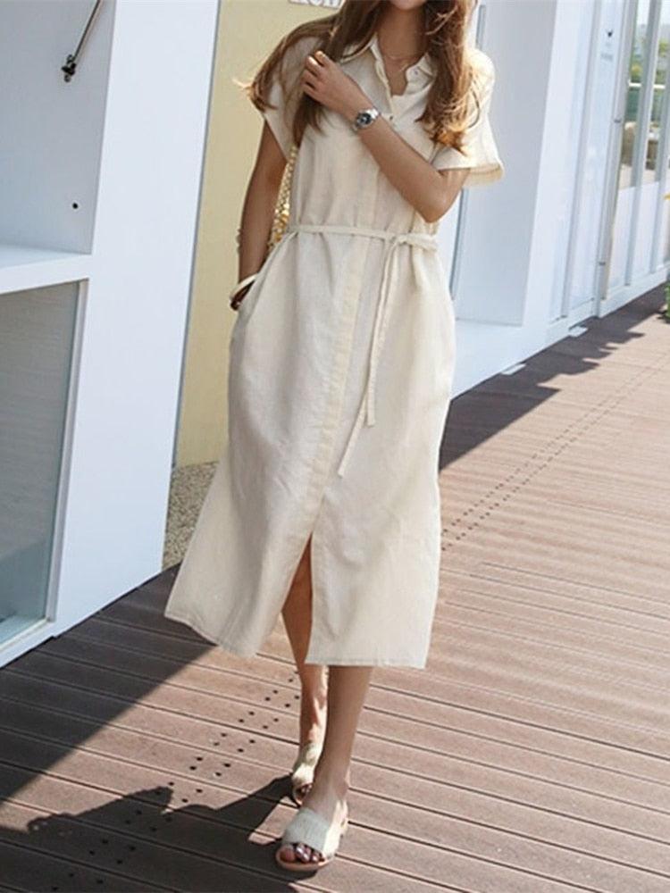 Shirt Dress Long Vintage Maxi Oversize Beach Casual-Maas
