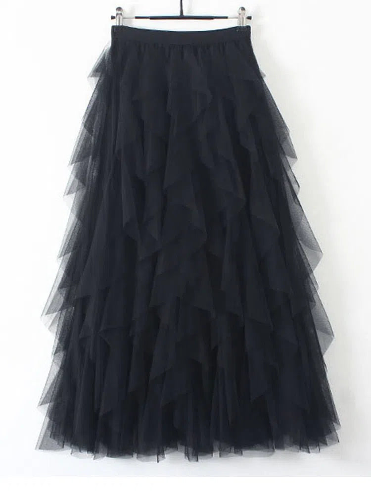 Tulle Long Maxi Skirt For Women High Waist Pleated Mesh-Maas