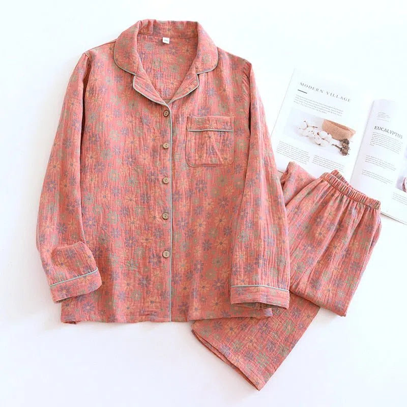 Women's Casual Pajamas Set 100% Cotton Retro Long Sleeve-Maas