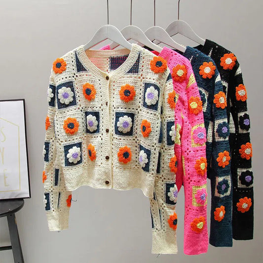 Women's Crochet Cardigans Multicolor Vintage Long Sleeve Sweaters-Maas
