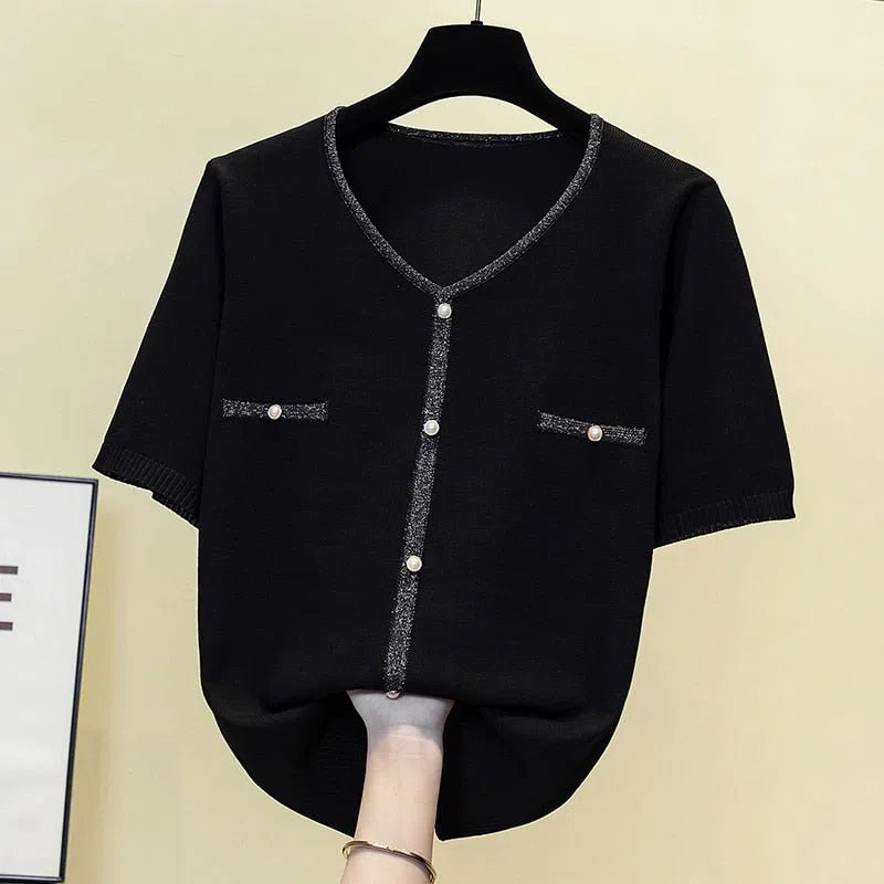 Women's Knitted Sweater Pullovers patchwork V-Neck Short Sleeve Pullovers-Maas
