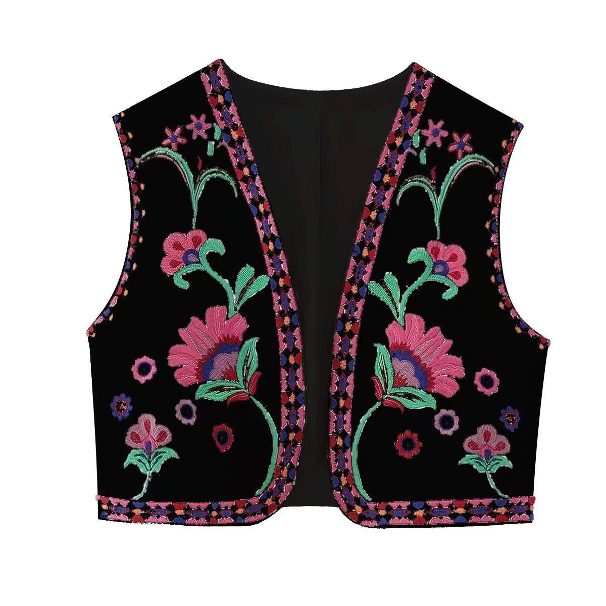 Women's Vintage Floral Embroidered Open Waistcoat Jacket Casual Crop Top-Maas