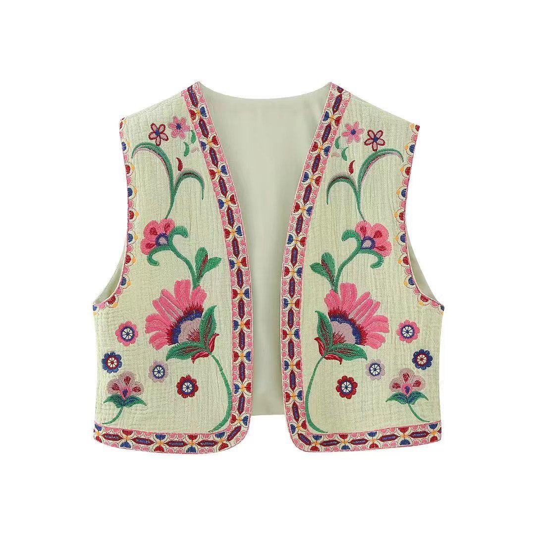 Women's Vintage Floral Embroidered Open Waistcoat Jacket Casual Crop Top-Maas