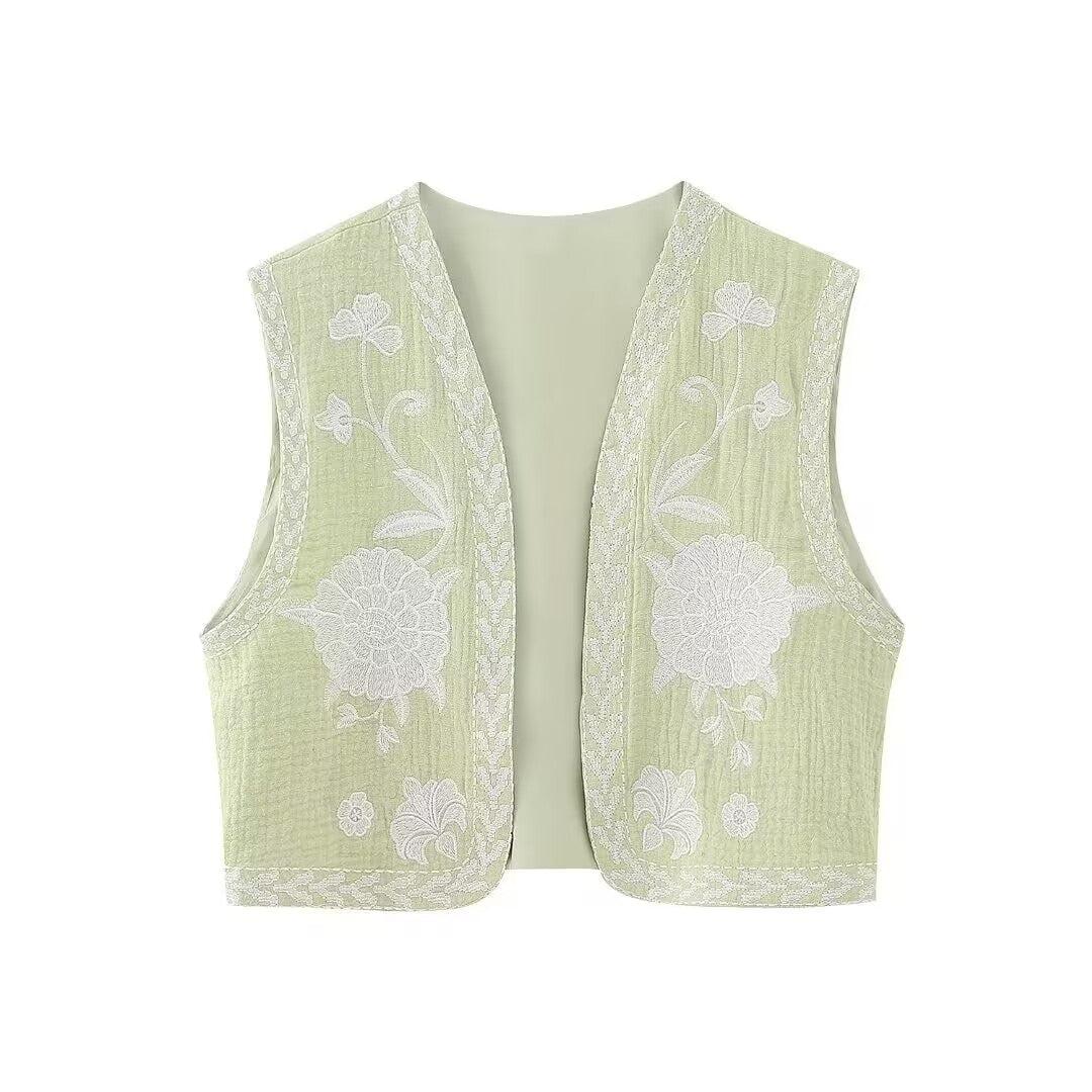 Women's Vintage Floral Embroidered Open Waistcoat Jacket Casual Crop Top-Maas