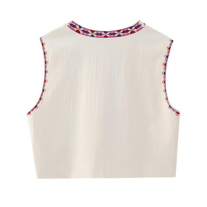 Women's Vintage Floral Embroidered Open Waistcoat Jacket Casual Crop Top-Maas