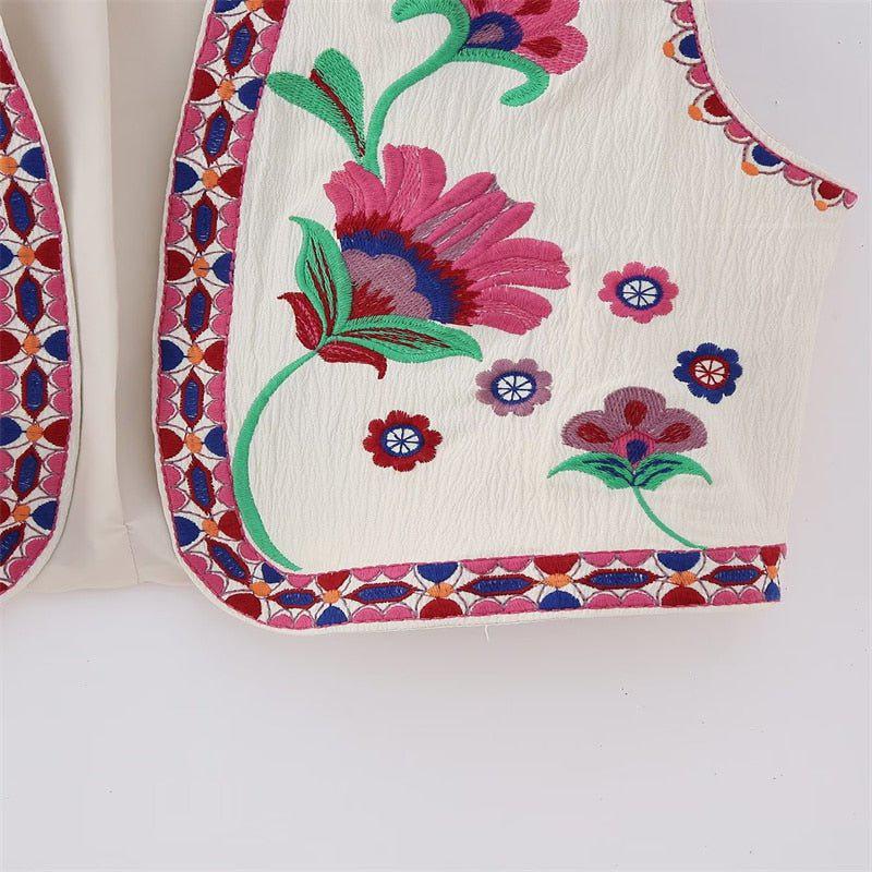 Women's Vintage Floral Embroidered Open Waistcoat Jacket Casual Crop Top-Maas