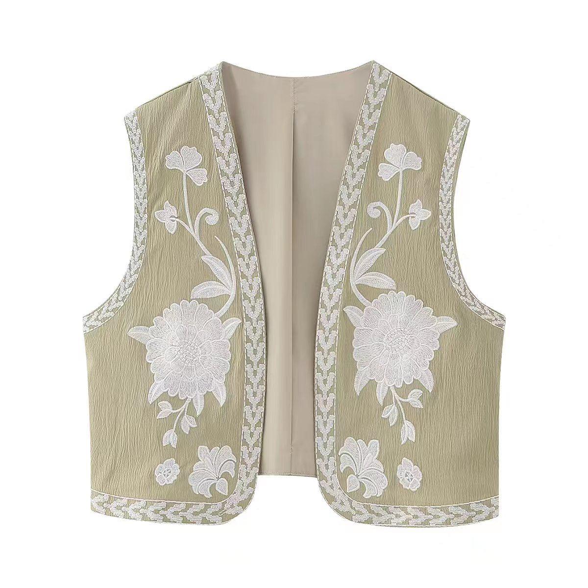 Women's Vintage Floral Embroidered Open Waistcoat Jacket Casual Crop Top-Maas