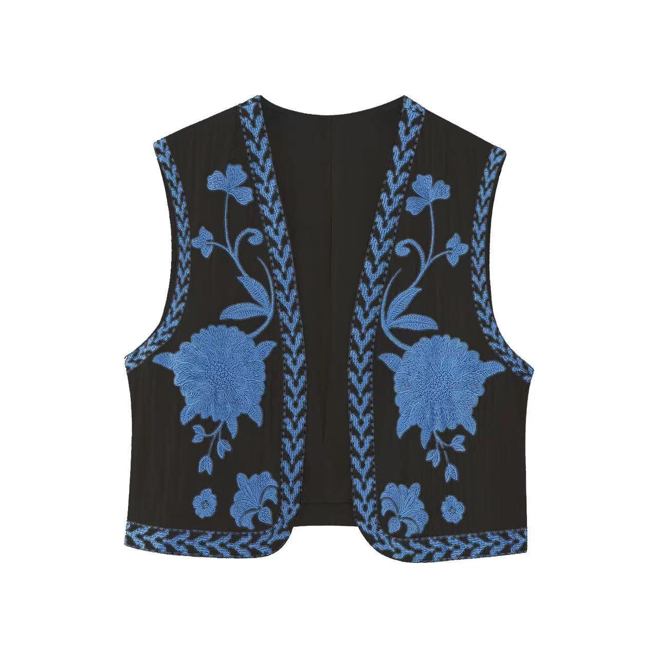 Women's Vintage Floral Embroidered Open Waistcoat Jacket Casual Crop Top-Maas