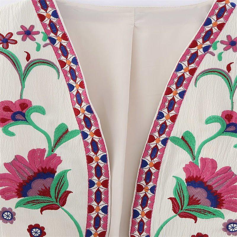 Women's Vintage Floral Embroidered Open Waistcoat Jacket Casual Crop Top-Maas