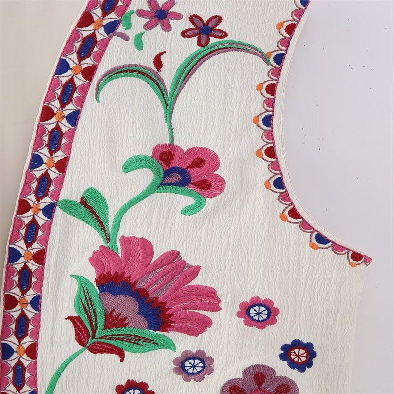 Women's Vintage Floral Embroidered Open Waistcoat Jacket Casual Crop Top-Maas