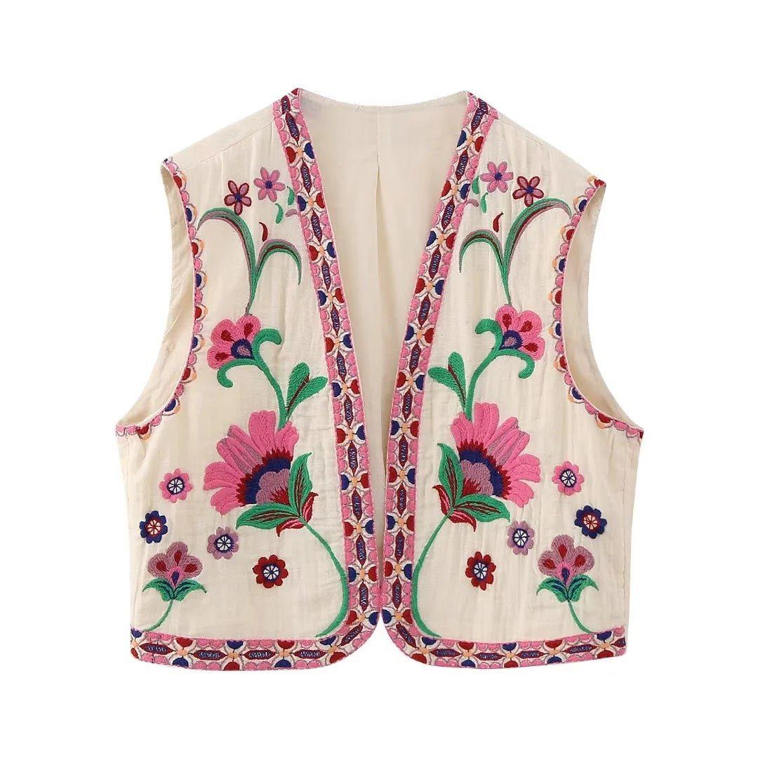 Women's Vintage Floral Embroidered Open Waistcoat Jacket Casual Crop Top-Maas