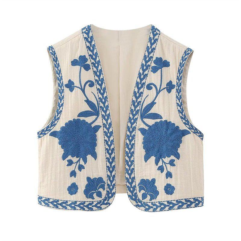 Women's Vintage Floral Embroidered Open Waistcoat Jacket Casual Crop Top-Maas