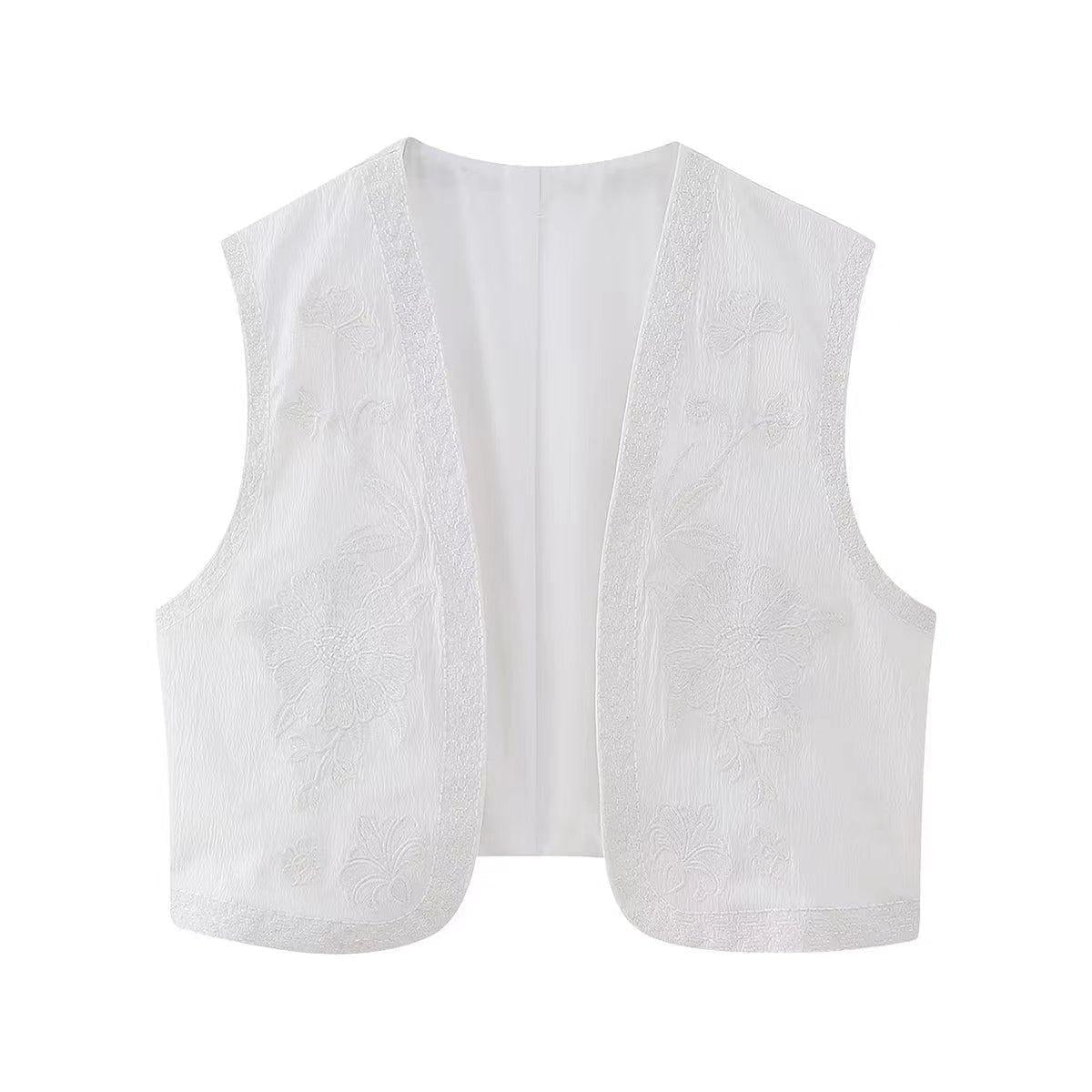 Women's Vintage Floral Embroidered Open Waistcoat Jacket Casual Crop Top-Maas