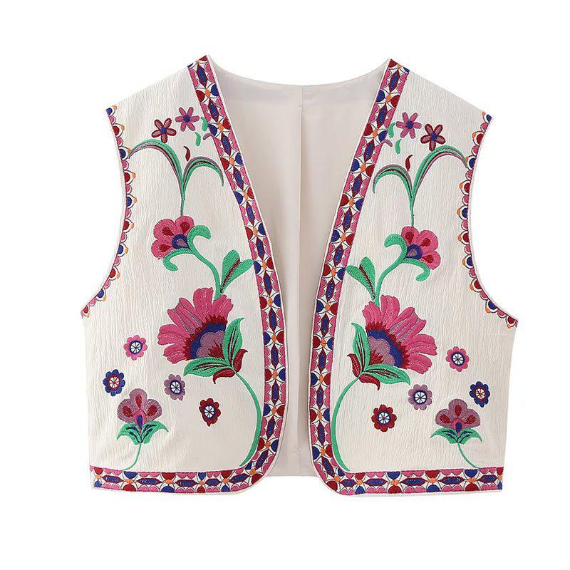 Women's Vintage Floral Embroidered Open Waistcoat Jacket Casual Crop Top-Maas
