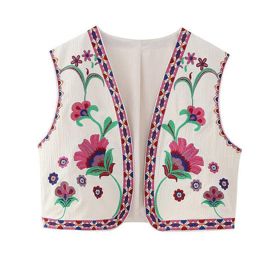 Women's Vintage Floral Embroidered Open Waistcoat Jacket Casual Crop Top-Maas