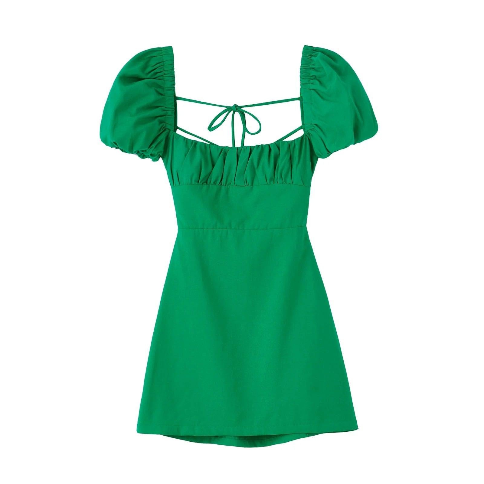 women linen blend dress square neck short puff sleeves backless crossover straps-Maas