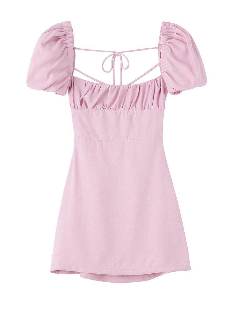 women linen blend dress square neck short puff sleeves backless crossover straps-Maas